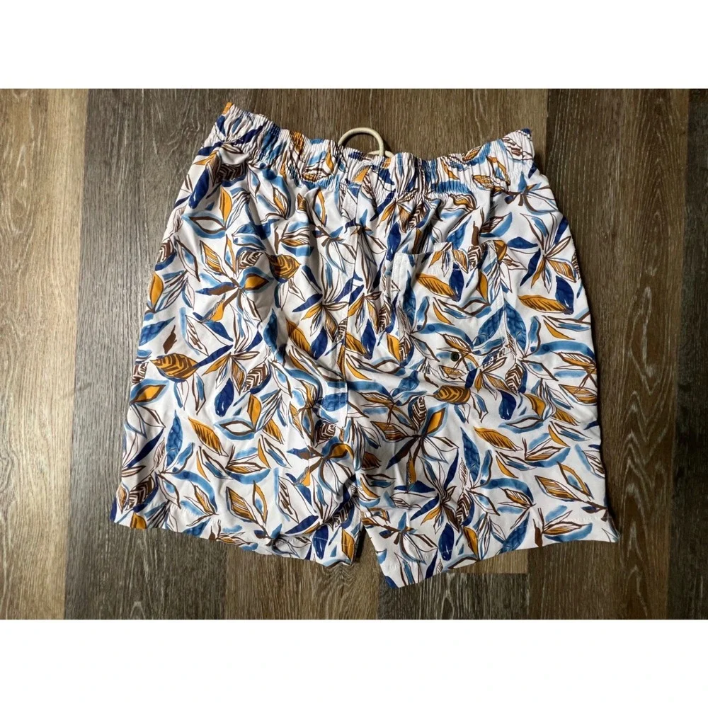 Hang Ten Gold Swim Trunks Mens Medium White Tropical Leaf Print Excellent Shorts